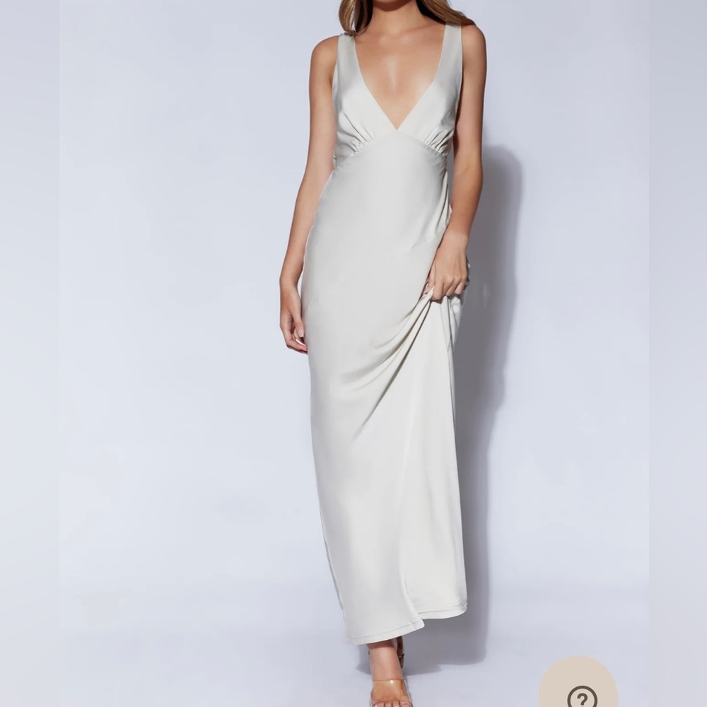 MESHKI Nadia Satin Dress with Back Cowl in Silver/White